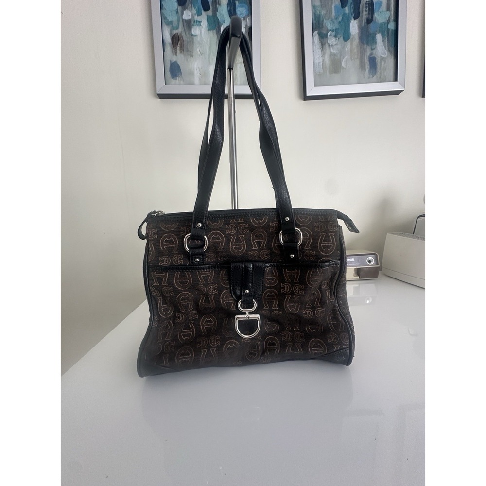 Etienne Aigner Monogram Tote Brown Canvas Leather Shoulder‎ Bag Zip Top Medium